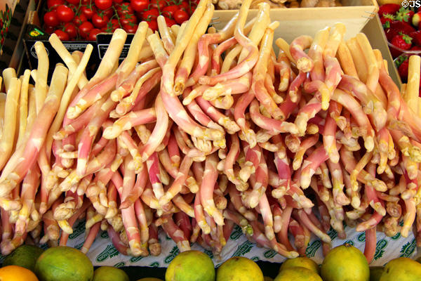 Stack of asparagus in food stall. Paris, France.