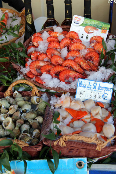 Shrimp, sea snails & scallop options in fish shop. Paris, France.