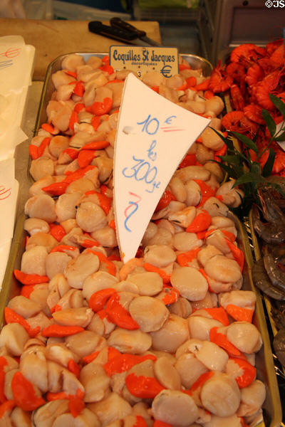 Scallop trays on offer. Paris, France.