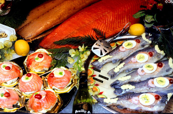 Prepared gourmet fish in seafood store. Paris, France.