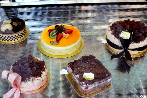 Elaborate cakes in Paris bakery. Paris, France.