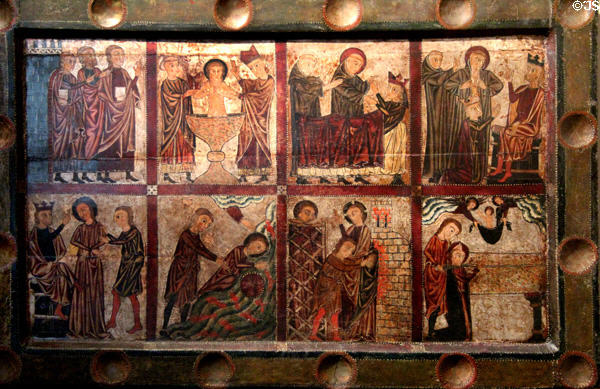 St Eugene of Antioch altar frontal painting (end 13thC) by Master of Soriguerola from Catalonia at Museum of Decorative Arts. Paris, France.