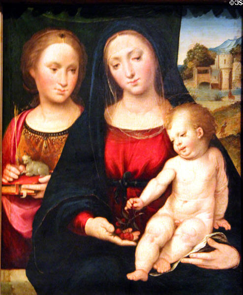 Detail of Virgin & Child with Ste Elizabeth painting (start 16thC) attrib. Antonio da Pavia of Mantua at Museum of Decorative Arts. Paris, France.