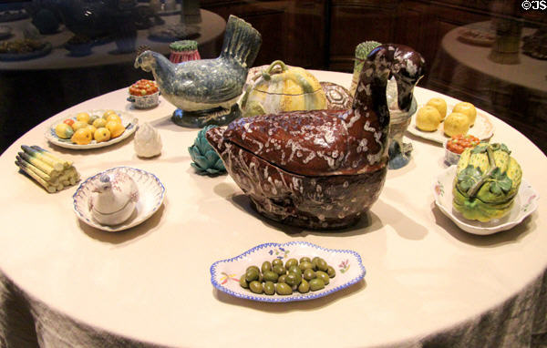 Ceramics made to mimic birds and vegetables (1700s) at Museum of Decorative Arts. Paris, France.