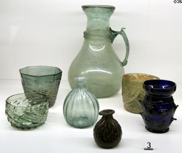 Colored blown glass (15th-16thC) from France & Germany collection at Museum of Decorative Arts. Paris, France.