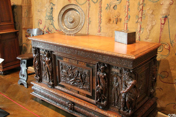 Oak chest carved with death of Adonis (2nd half 16thC) from Normandy at Museum of Decorative Arts. Paris, France.
