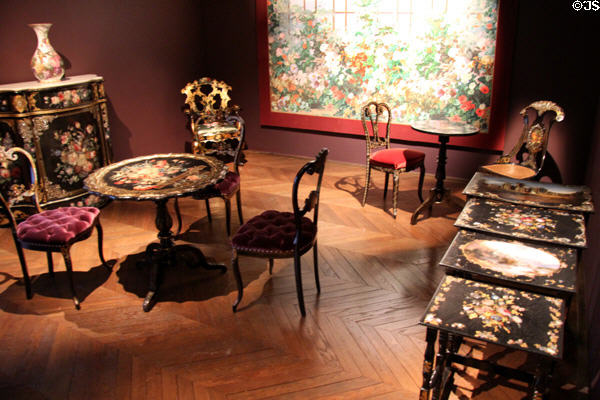 Lacquered & papier mache black furniture with mother of pearl (1850-65) from France & England at Museum of Decorative Arts. Paris, France.
