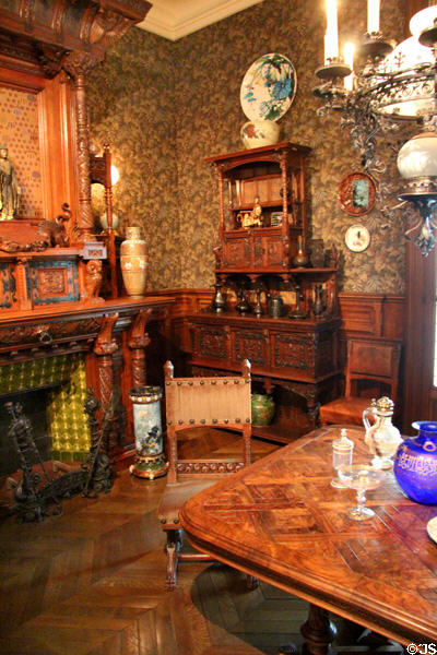 Furniture for Charles Gillot & daughter Marcelle Seure (1880-5) by Eugène Grasset & cabinetmaker Fulgraff of Paris with oriental style ceramics & glass at Museum of Decorative Arts. Paris, France.