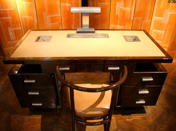 Metal tube desk & chair (c1927) by Robert Mallet-Stevens for Labormetal of Paris plus desk lamp (1927) by Jacques le Chevallier at Museum of Decorative Arts. Paris, France.