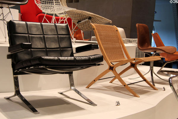 Fireside chair Joker (1959) by Olivier Mourgue of France; X-chair (1961) by Peter Hvidt & Orla Molgaard-Nielsen of Denmark; & Tripod PK9 (1961) by Poul Kjaerholm of Denmark at Museum of Decorative Arts. Paris, France.