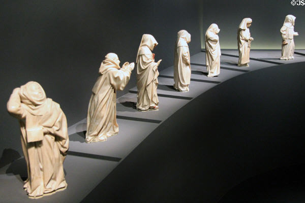 Alabaster tears sculpture group (1443-70) of monks to cry at tomb of Jean the Fearless, duc de Bourgogne by Jean de la Huerta at Cluny Museum. Paris, France.