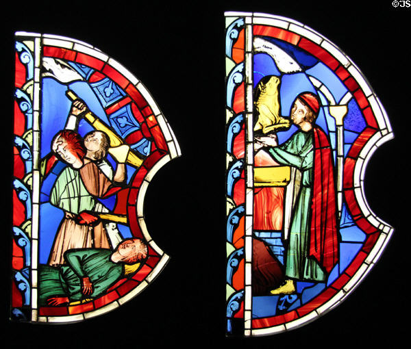 Murder scene & worship of golden calf stained glass windows from Sainte-Chapelle in Paris at Cluny Museum. Paris, France.