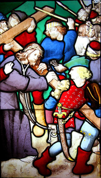 Carrying the Cross stained glass (c1500) from hotel of Cluny at Cluny Museum. Paris, France.
