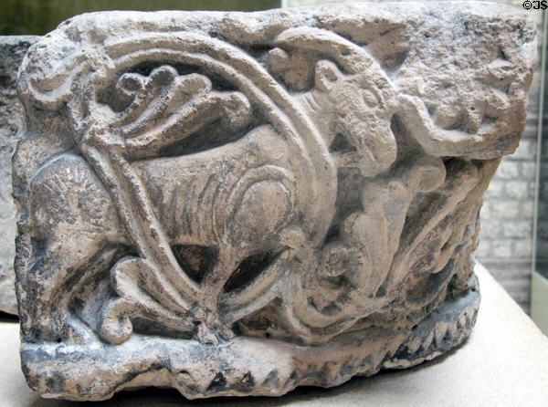 Carved stone capital with signs of zodiac (1100-10) from Paris at Cluny Museum. Paris, France.