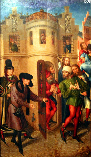 Legend of St Géry painting (c1480) by Master of view of St Gudule from Brussels at Cluny Museum. Paris, France.