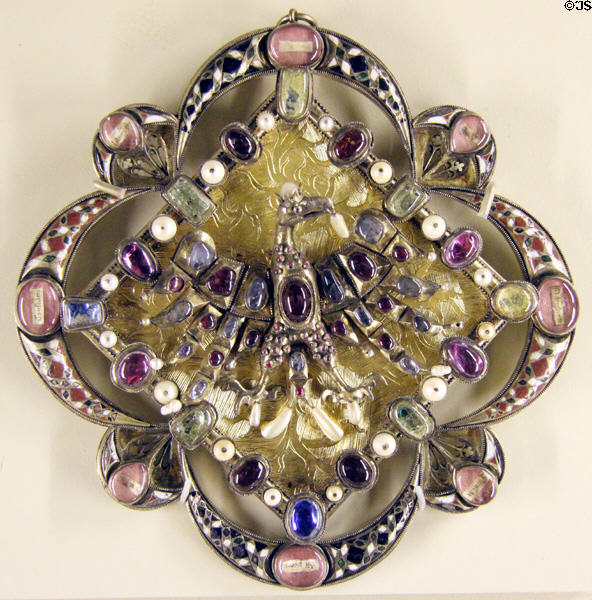 Clasp reliquary with eagle in semi-precious stones (mid 14thC) from Bohemia? at Cluny Museum. Paris, France.