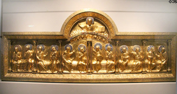 Pentecost altarpiece of Christ over Apostles between seven pillars of wisdom (c1160-70) from Meuse Valley, France at Cluny Museum. Paris, France.