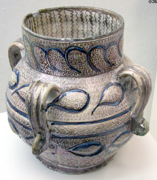 Ceramic oval four-handle vase with metallic decoration (16thC) from Spain at Cluny Museum. Paris, France.
