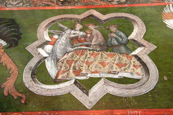 Painted wooden table with donkey under blanket (c1420) from northern Germany at Cluny Museum. Paris, France.