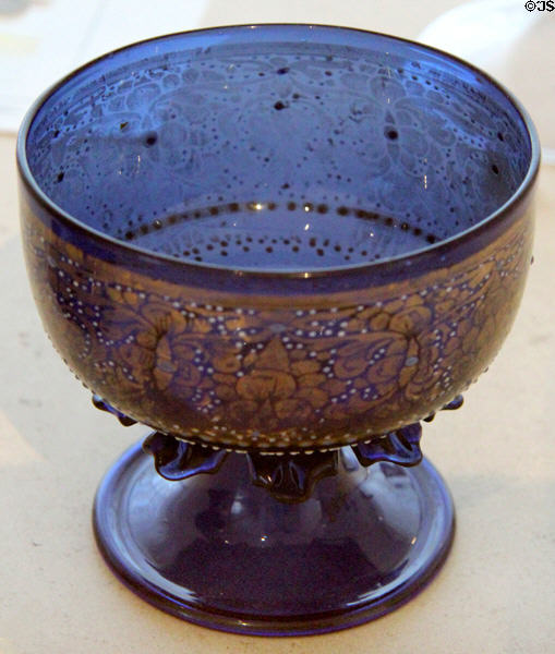 Footed glass bowl painted with floral & vegitable garland (c1500) from Venice at Petit Palace Museum. Paris, France.