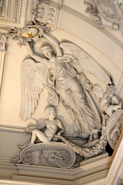 Science & industry symbolic art in Napoleone III era entrance stairwell (1860) of Arts et Metiers Museum. Paris, France.