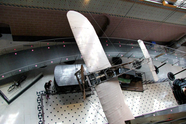Blériot XI French monoplane used by Louis Blériot for first flight across English Channel (July, 25 1909) seen from above at Arts et Metiers Museum. Paris, France.