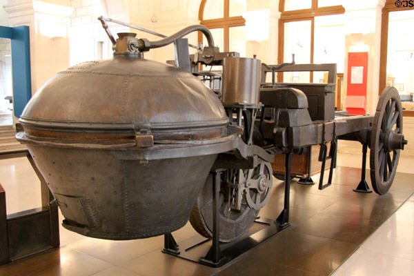 Boiler detail of first steam driven road vehicle "Fardier" 1770 by Nicolas Joseph Cugnot military engineer at Arts et Metiers Museum. Paris, France.