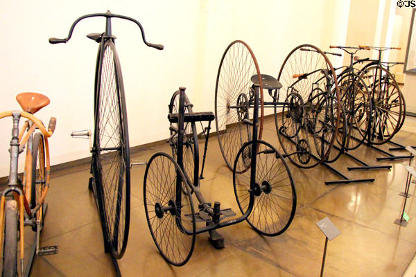 Collection of penny-farthing & other bikes at Arts et Metiers Museum. Paris, France.