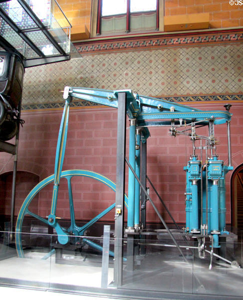 Beam engine (c1860) by T. Scott of Rouen was used until 1986 for pumping water from Seine River at Arts et Metiers Museum. Paris, France.