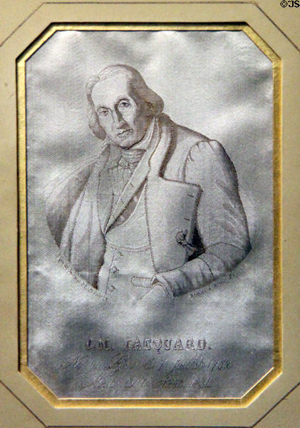 Silk portrait (c1855) of Joseph Jacquard inventor of programmable loom used to weave his portrait at Arts et Metiers Museum. Paris, France.