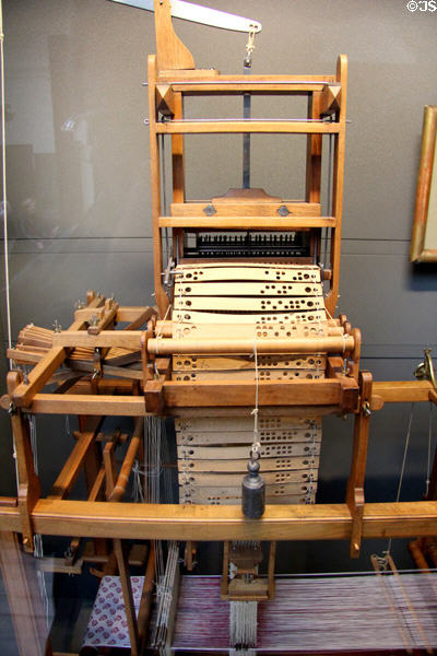 Details of loom programmed via punch cards (c1810) by Joseph-Marie Jacquard at Arts et Metiers Museum. Paris, France.
