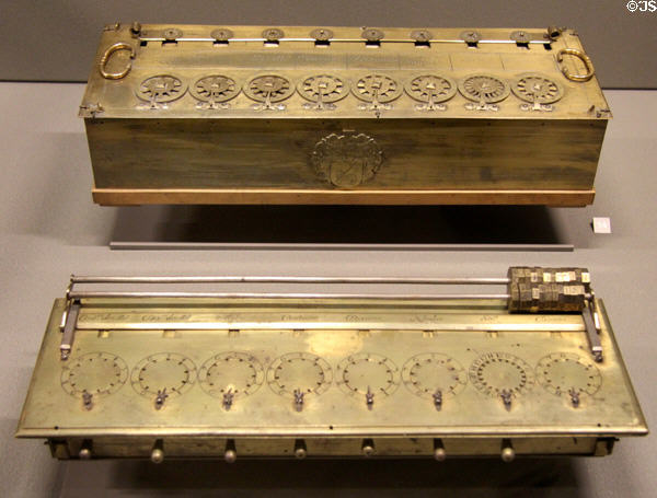Pascal's arithmetic machine (17thC) top & Lépine's? arithmetic machine (c1725) at Arts et Metiers Museum. Paris, France.