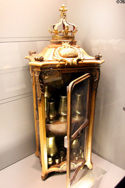Standard measures for oil (c1741) from Paris in cabinet at Arts et Metiers Museum. Paris, France.
