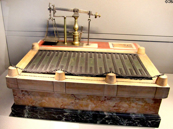 Weighbridge with beam scale with two counterweights (1843) by J. Béranger at Arts et Metiers Museum. Paris, France.