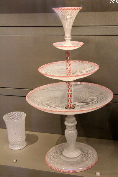 Baccarat three stage pedestal filigree dish (c1850) at Arts et Metiers Museum. Paris, France.