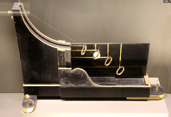 Groove to illustrate physics of gravity principal (late 18thC) by s' Gravesande at Arts et Metiers Museum. Paris, France.
