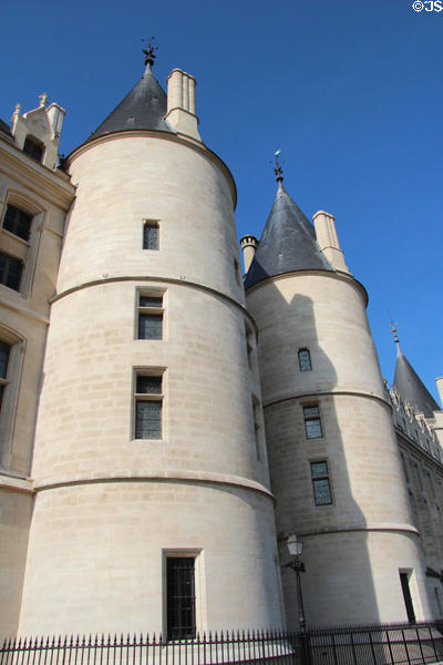Tours de César & d'Argent facing Seine River on Conciergerie. Paris, France.