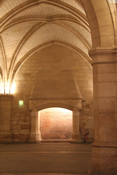 Fireplace in Salle des Gens d'Armes at Conciergerie. Paris, France.