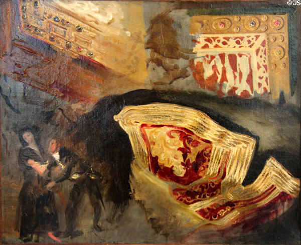 Study of patterns including Goya scene, medieval book endpapers, & oriental vest painting (c1825) by Eugène Delacroix at Eugene Delacroix Museum. Paris, France.