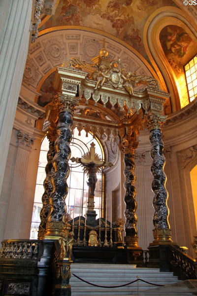 Baroque baldachin in former royal Dome with window dividing former Royal Chapel from veterans' chapel beyond at Les Invalides. Paris, France.