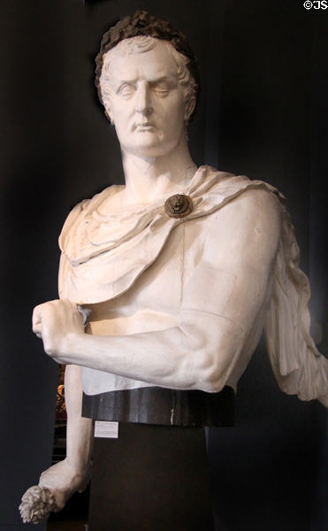 Napoleon I bust as Roman emperor carved figurehead (c1846) for French ship Iéna (named after 1806 battle where Napoleon defeated Prussians) at Musée de la Marine. Paris, France.