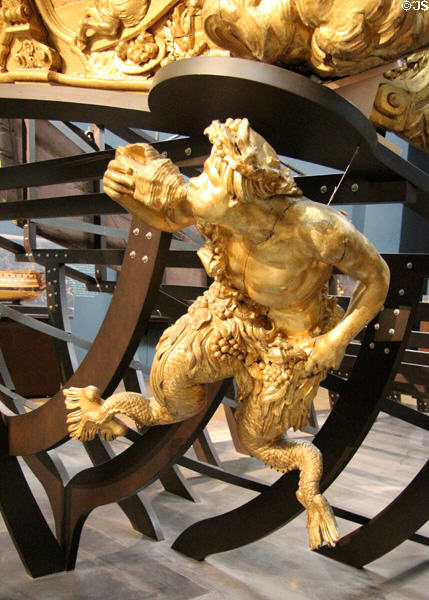 Sea triton blowing conch carved ship decoration (1688-94) by Marseilles dockyard for French galley Réale at Musée de la Marine. Paris, France.