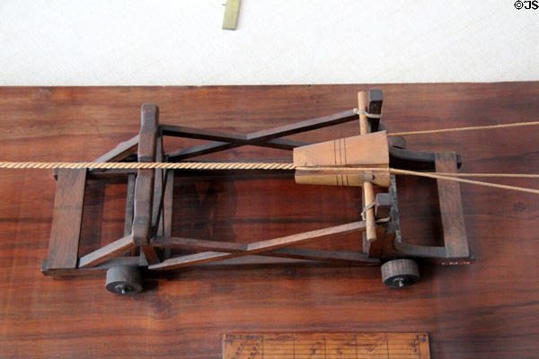 Detail of twisting section of model of ship rope railway (late 18thC) by Toulon Arsenal at Musée de la Marine. Paris, France.