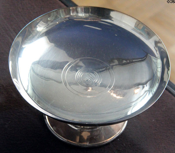 Paquebot Normandie footed fruit dish in silvered brass (1934) marked CGT (Compagnie Générale Transatlantique) by Luc Lanel of Christofle at Musée de la Marine. Paris, France.
