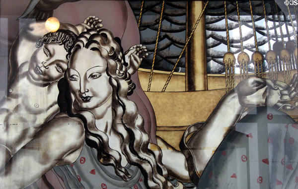 Paquebot Normandie mural in glass highlighted with silver & gold (1935) by Jean Dupas & made by Charles Champigneulle at Musée de la Marine. Paris, France.