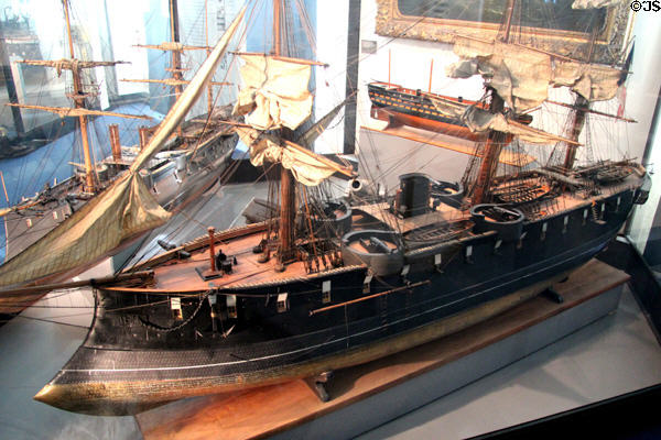 Model of L'Océan battleship, floating artillery base with four 240mm canons (1868-94) at Musée de la Marine. Paris, France.