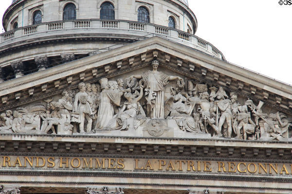 Neoclassical pediment at Pantheon. Paris, France.