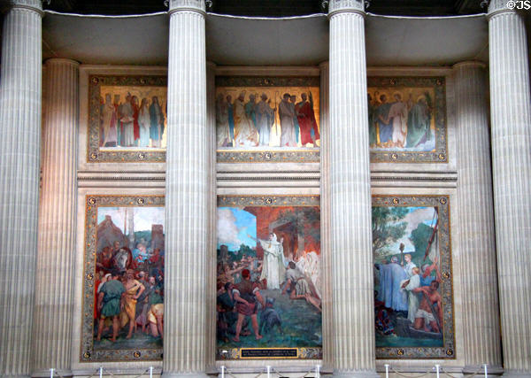 St Genevieve calming Parisians during pending attack of Attila the Hun in year 451 mural (1874) by Jules-Elie Delaunay at Pantheon. Paris, France.