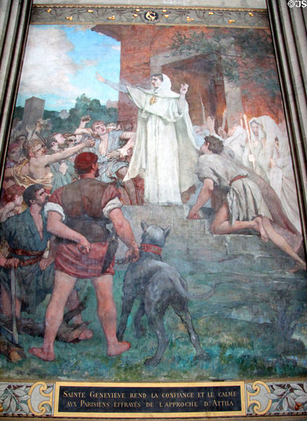 Detail of St Genevieve calming Parisians during pending attack of Attila the Hun in year 451 mural (1874) by Jules-Elie Delaunay at Pantheon. Paris, France.