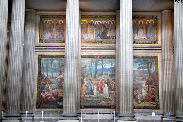 Overview of mural showing child Ste-Geneviève recognized as future patron saint of Paris by St-Germain d'Auxerre at Pantheon a church dedicated to Geneviève before French Revolution. Paris, France.
